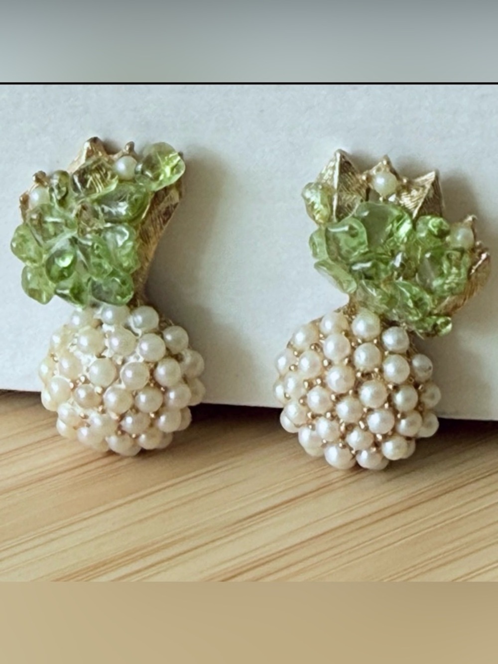 Vintage DuBarry Fifth Avenue DFA Pineapple Clip On Earrings Pearls Green Glass